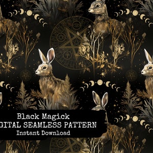 以下が含まれることがあります： 黒地に金色のアクセントが施されたシームレスなデジタルパターン。パターンには、ウサギ、三日月、星、そして周囲にシンボルの円があるペンタグラムが繰り返しデザインされています。