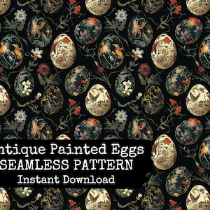 以下が含まれることがあります： 黒い背景に、花柄と鳥の模様が描かれたアンティークな絵付けの卵が、シームレスなパターンで並んでいます。卵は複雑なディテールと鮮やかな色で装飾されており、視覚的に魅力的で祝祭的なデザインになっています。