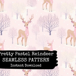 Pretty Pink Reindeer in Snow Digital Paper  - Pastel Christmas Seamless Pattern File - Instant Download - Commercial Use Permitted