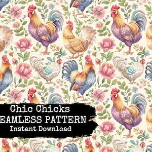 Cute Pastel Chickens Seamless Pattern File - Digital Chicken Repeating Pattern Fabric Design Print for Instant Download - Commercial Use