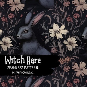 Vintage Witchy Seamless Pattern - Medieval Hare and Florals Digital Paper  - Instant Download - Commercial Use Permitted