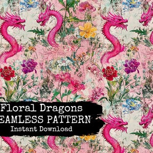 Floral Dragon Digital Seamless Pattern File - Mystical Dragon Flower Collage Repeating Pattern for Instant Download - Comm Use Permitted