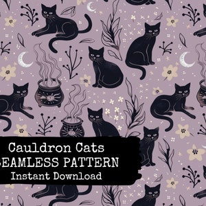 Witchy Seamless File - Cute Black Cats and Cauldrons Digital Pattern - Witchcraft Surface Design - Instant Download - Commercial Use