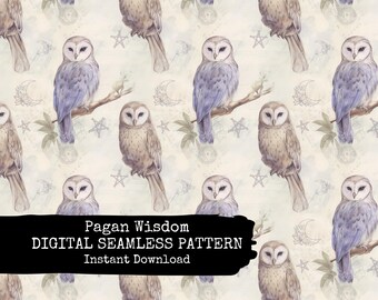 Seamless Witchy File - Owl, Pentagram & Crescent Moon Celestial Digital Paper - Instant Download Pattern - Commercial Use Permitted