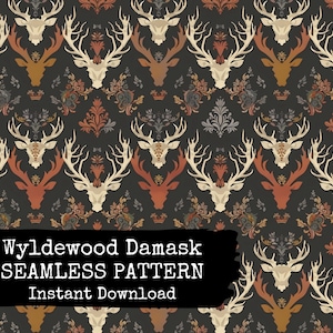 Stag Head Damask Seamless Pattern File - Vintage Deer Victorian Damask Digital Surface Design - Instant Download - Commercial Use Permitted