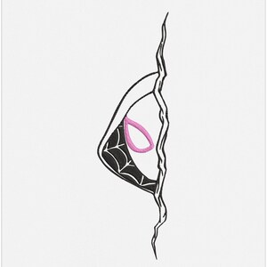 Pode incluir: Uma ilustra&ccedil;&atilde;o em preto e branco de uma m&aacute;scara de super-her&oacute;i com um s&iacute;mbolo de aranha rosa. A m&aacute;scara est&aacute; parcialmente escondida atr&aacute;s de uma linha preta.