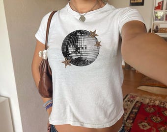 Disco Ball Baby Tee with Leopard Stars, Retro Y2K Shirt