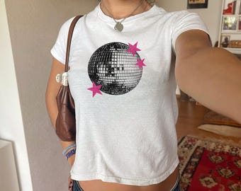 Disco Ball Baby Tee with Pink Stars, Retro Y2K Shirt