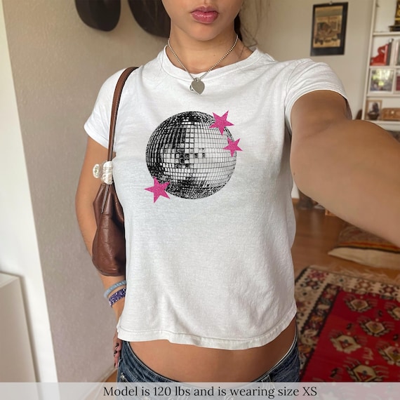 Disco Ball Baby Tee With Pink Stars, Retro Y2K Shirt - Etsy
