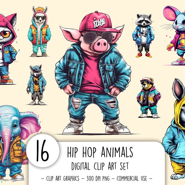 Animals in graffiti style clip art set Digital Printable 80s animal graphics Funny animal clipart Hip hop animals clipart PNG images