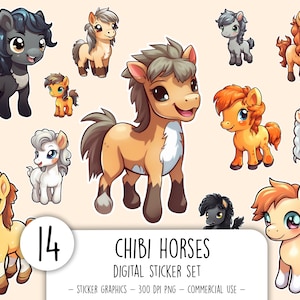 Chibi Pferd Aufkleber Set Niedliches Pferd digitale Aufkleber Baby Pferd Aufkleber druckbare Niedliche Pferde Aufkleber Chibi PNG Pferd Illustration