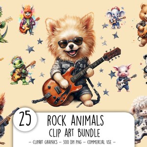 Coole rotsdieren clipart bundel Commercieel GRATIS Aquarel grappige dieren met gitaar Coole dieren clipart bundel met PNG-afbeeldingen