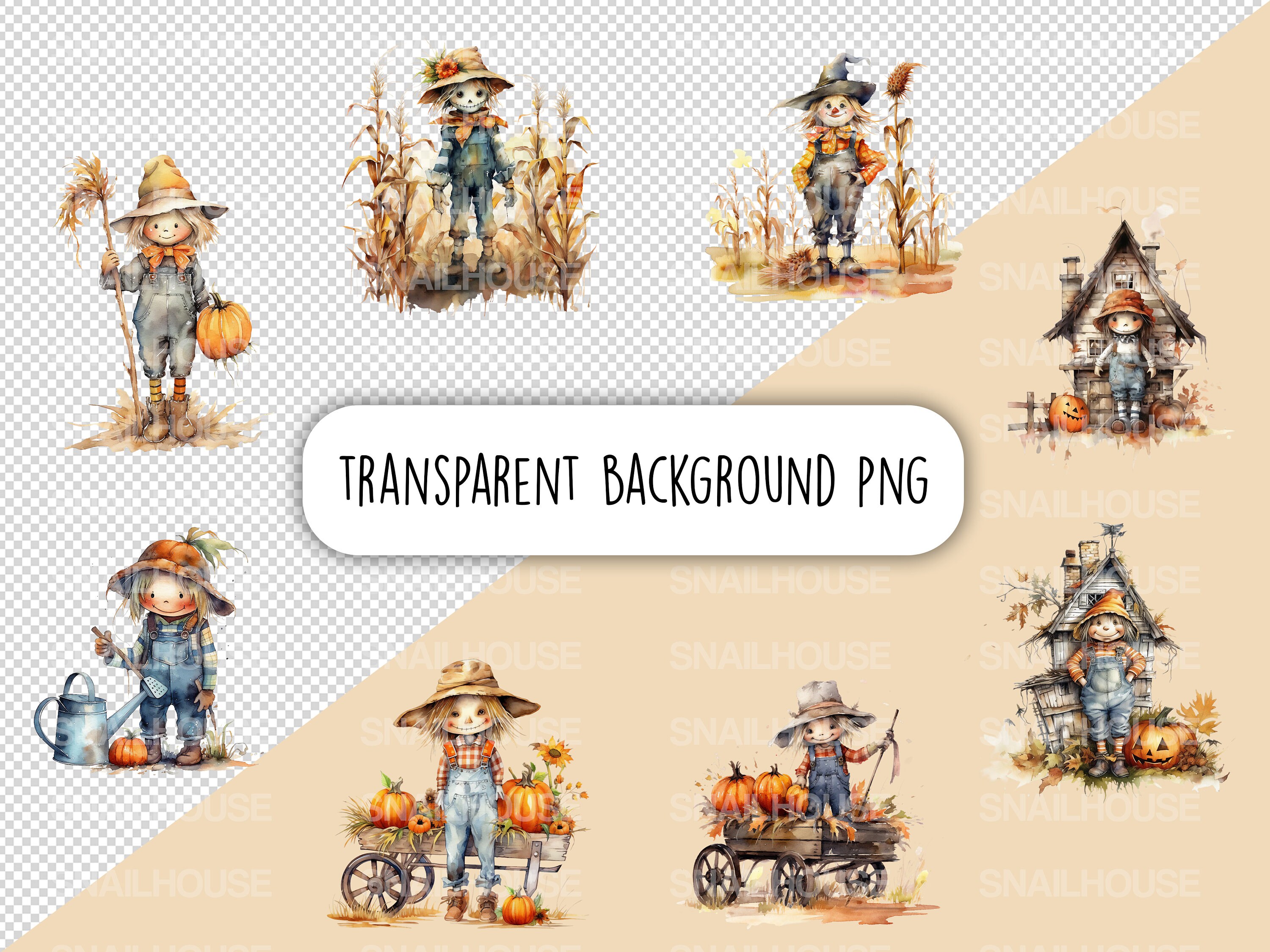 Watercolor Cute Halloween Themed Scarecrows Clip Art Set FREE ...
