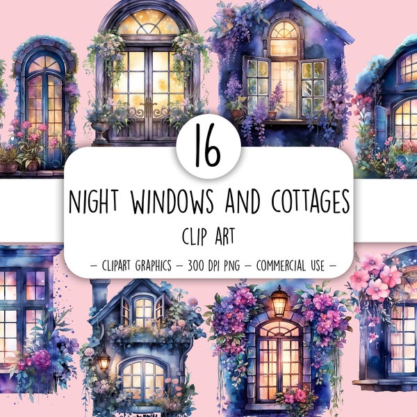 Watercolor Night Windows and Cottages clip art FREE commercial use Digital printable cottage graphics Night window clipart night cottage PNG