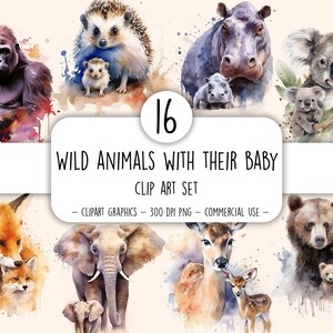 Baby and Mom Animal Clipart, Commercial Use Watercolor Animal Clipart ...