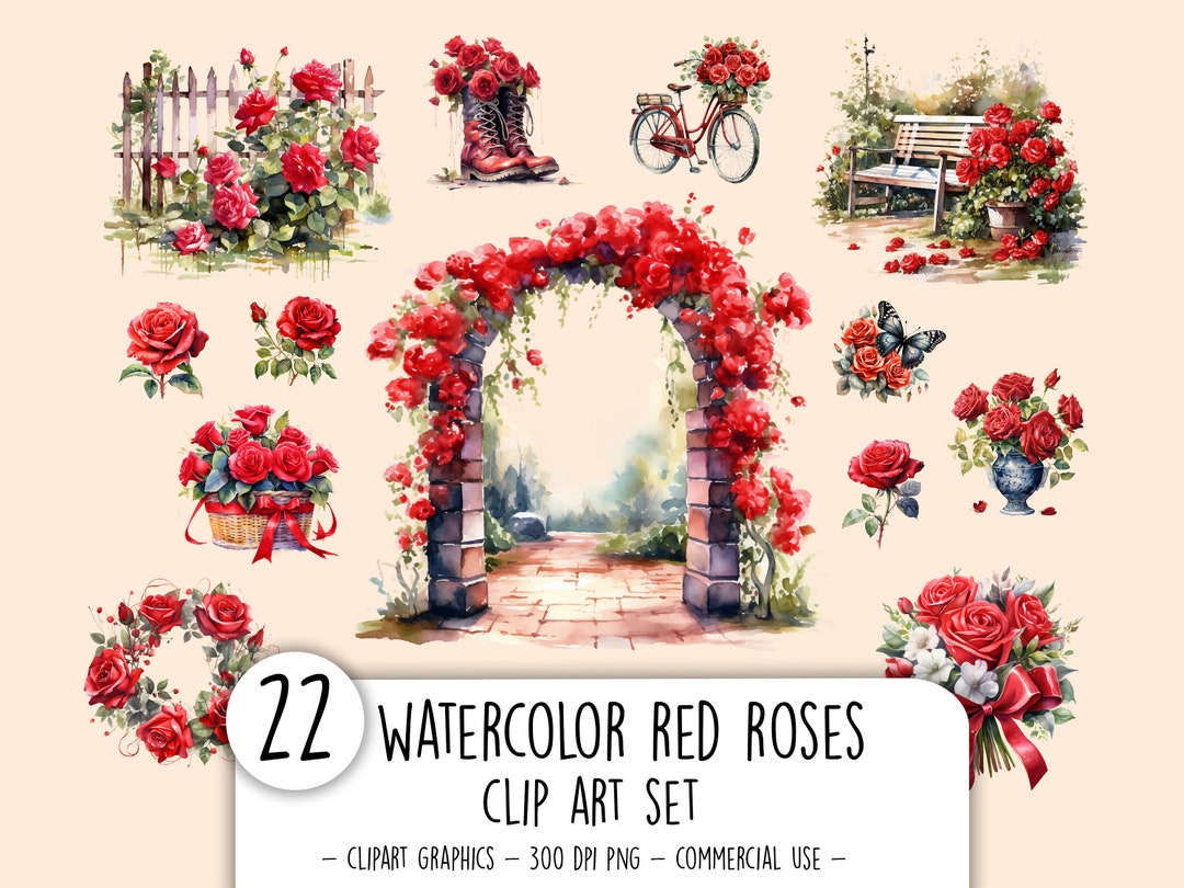 Watercolor Red Roses Clipart Bundle Commercially FREE Romantic ...