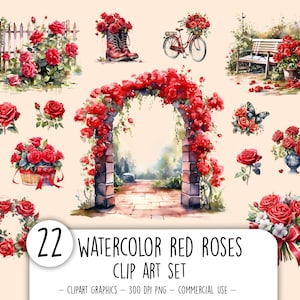 Pacote de clipart de rosas vermelhas em aquarela Comercialmente GRATUITO Clipart romântico do dia dos namorados para download instantâneo Rosas vermelhas imprimíveis png