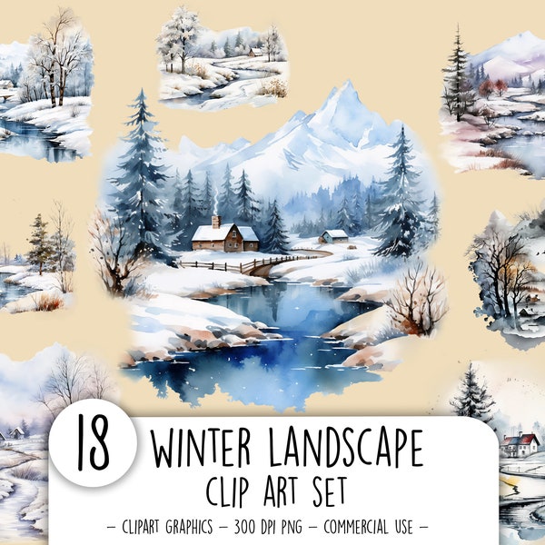 Watercolor winter landscape clipart bundle Commercially FREE Nature Forest scenery clipart Forest background PNG Forest landscape in winter