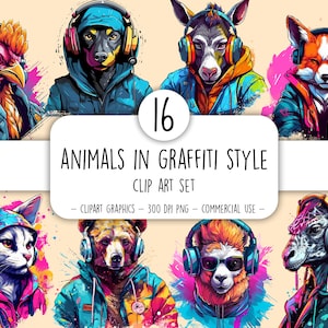 Animali in set di clip art in stile graffiti Grafica animale stampabile digitale anni '80 Clipart animali divertenti Animali con le cuffie Animali Immagini PNG