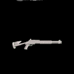 May include: Digital embroidery design of a shotgun, rendered in a textured, silver-gray style. The design is set against a black background, with the words "DIGITAL EMBROIDERY DESIGN" at the top and "INSTANT DOWNLOAD" at the bottom.