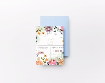 May include: A floral thank you card with a pink heart and the text "THANK YOU" for your order and supporting our small business. It also includes a discount code "sale10" for 10% off your next purchase and social media icons with the text "Take a pic and tag us on @business name".