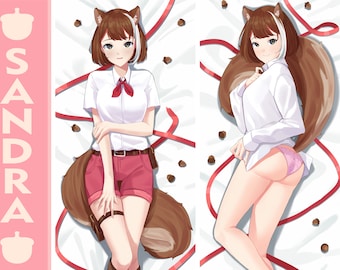 May include: A white and red pillowcase with a cartoon image of a girl with brown hair and a squirrel tail. The girl is wearing a white shirt with a red bow tie, red shorts, and a brown belt. The background is white with red ribbons and brown acorns.