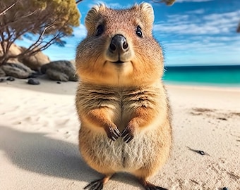 El animal más feliz de la Tierra: Quokka tomando el sol en la playa