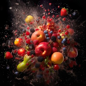 K&ouml;nnte beinhalten: Eine Vielzahl von frischen Fr&uuml;chten und Beeren explodieren in einem Farbburst vor einem schwarzen Hintergrund. Rote &Auml;pfel, Birnen und Erdbeeren sind um einen Haufen Blaubeeren, Himbeeren und roten Johannisbeeren verstreut.