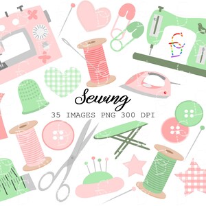 Può includere: Un set di 35 illustrazioni a tema cucito in rosa, verde e bianco. Le illustrazioni includono una macchina da cucire, bobine di filo, bottoni, un ditale, forbici, un metro a nastro, un ferro da stiro, un cuscino per spilli e un manichino.