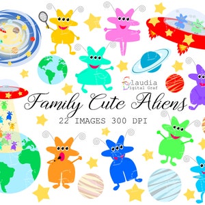 Set 22 Familie süßer Aliens Clipart, Aliens Kreaturen Clipart Set, transparenter Hintergrund
