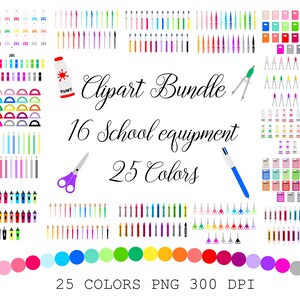 Può includere: Un pacchetto di clipart di 16 articoli scolastici in 25 colori. Gli articoli includono matite, pastelli, forbici, righelli, vernice, goniometri, compassi, calcolatrici e quaderni.