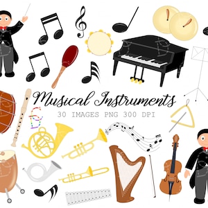 May include: A set of 30 musical instrument illustrations, including a piano, violin, cello, harp, trumpet, french horn, drums, and more. The illustrations are in a cartoon style and are perfect for use in educational materials or creative projects.