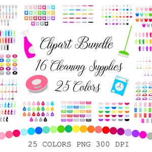 Pack clipart de fournitures de nettoyage, 16 illustrations de nettoyage pour 25 couleurs coordonnées, 400 images avec fond transparent de haute qualité