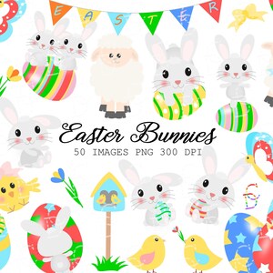 Può includere: Un set di 50 immagini clipart di coniglietti di Pasqua e uova. Le immagini presentano coniglietti, pulcini, uova e altri elementi a tema pasquale. Le immagini sono in formato PNG e hanno una risoluzione di 300 DPI.