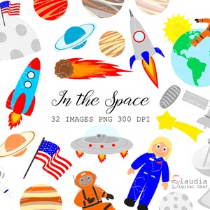 32 space clipart, Astronaut Clipart, Planets Clipart Set, Instant Download, Digital illustrations 300 dpi, High Definition