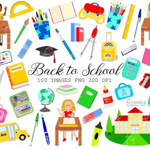 Può includere: Un set di 100 immagini clipart colorate a tema scuola, tra cui un autobus scolastico, un edificio scolastico, un mappamondo, una calcolatrice, una matita, un righello, una tavolozza di colori, un libro, uno zaino, una scatola per il pranzo, un paio di forbici, una bottiglia di colla, un temperino, un cappello di laurea, una bussola, un goniometro, un pennello, un pastello, un quaderno, un dizionario, una scrivania scolastica, uno studente e molto altro.