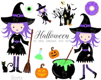 35 cliparts mignons d'Halloween, décoration de fête d'Halloween, scrapbooking d'Halloween, icônes d'Halloween, citrouille, sorcière, bonbons ou friandises, png numérique