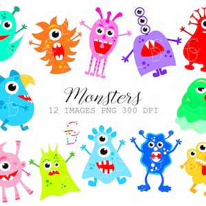 Ensemble 12 cliparts monstres mignons PNG, illustrations numériques PNG, monstres aux dents étranges, monstres colorés à décorer, Téléchargement instantané