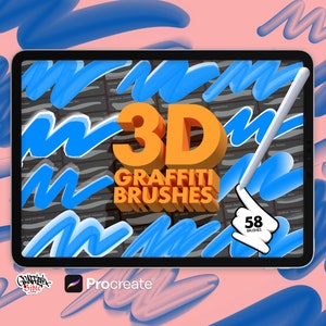 Może przedstawiać: Cyfrowa ilustracja ekranu tabletu, na którym wyświetlony jest zestaw 58 pędzli graffiti 3D do Procreate. Pędzle są pokazane w siatce z niebiesko-białym schematem kolorów. Tekst "3D Graffiti Brushes" jest wyświetlany na ekranie w kolorze pomarańczowym i białym. Tablet jest otoczony niebieskimi i różowymi abstrakcyjnymi kształtami.