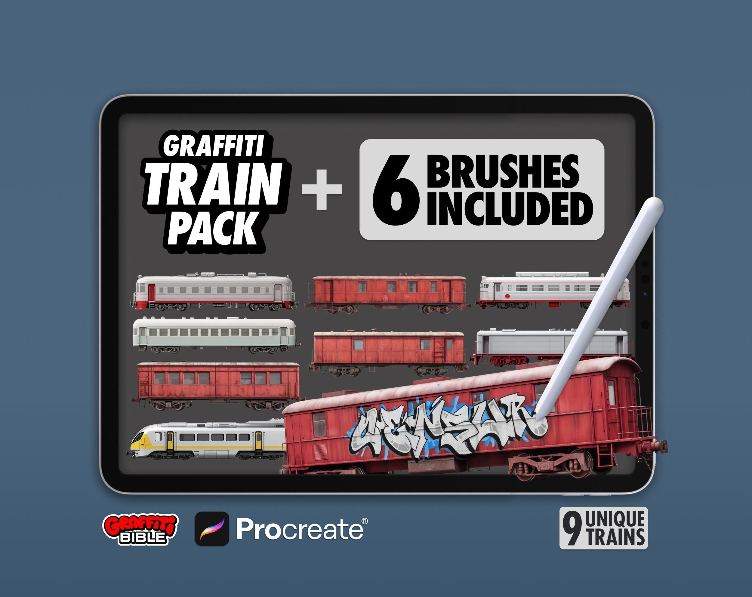 Pack de mockups de graffiti de tren para Procreate – 9 modelos realistas + pinceles extra