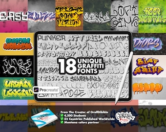 Op de afbeelding: Een digitale tablet met 18 unieke graffitilettertypes en een witte styluspen op het scherm. Het scherm toont diverse tekststijlen en het Procreate-logo. Daaronder is een klein boek met de titel Graffitibible zichtbaar met bijbehorende tekst.