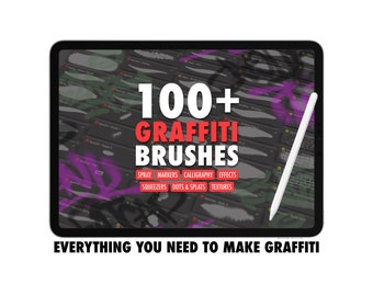 Pode incluir: Uma tela de tablet digital que exibe uma coleção de mais de 100 pincéis de graffiti. Os pincéis são organizados em categorias: spray, marcadores, caligrafia, efeitos, espremedores, pontos e respingos, e texturas. O texto "100+ GRAFFITI BRUSHES" é exibido em letras grandes e em negrito na parte superior da tela. O texto "EVERYTHING YOU NEED TO MAKE GRAFFITI" é exibido na parte inferior da tela.