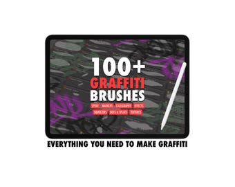 May include: A digital tablet screen displaying a collection of 100+ graffiti brushes with categories including spray, markers, calligraphy, effects, squeezers, dots & splats, and textures. A white stylus rests on the screen, which also features the text: EVERYTHING YOU NEED TO MAKE GRAFFITI.