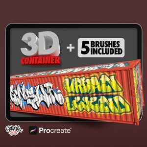 May include: A digital art graphic featuring a red shipping container with graffiti art. The text reads "3D CONTAINER" and "5 BRUSHES INCLUDED". The Procreate logo and "Graffiti Bible" are also visible.