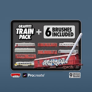 Peut inclure: Une tablette numérique affichant un pack de trains graffiti avec 6 brosses incluses et 9 trains uniques. L'écran montre diverses illustrations de wagons, dont un avec des graffitis bleus et blancs, accompagné d'un stylet blanc.