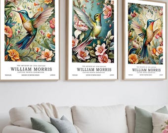 Trío de láminas clásicas de William Morris con diseño de colibrí, láminas para decoración del hogar, conjunto de 3 obras de arte tradicionales, 3 piezas de arte mural de colibrí