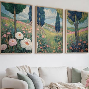 Gustav Klimt Inspired 3 Piece Wall Art, Botanical Landscape Framed Set of 3, Large Horizontal Oversize Floral Nature Decor Wood Frames