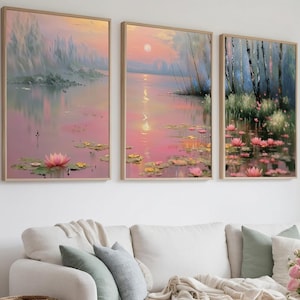 Pink Sunset Landscape 3 Piece Wall Art Set, Impressionist Lotus Pond Moonlight Lake Reflection Canvas Print Poster, Pastel sunrise painting