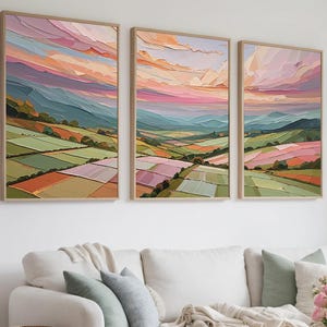 Pastel Valley 3 Piece Wall Art: Impressionist Landscape with Layered Pink Orange Sky, Rolling Green Fields & Patchwork Hills Triptych Set
