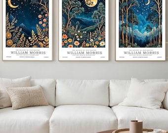 William Morris Wall Art Set of 3 – Gold Botanical Prints, Moon & Night Sky Poster Trio, William Morris Print, Bedroom Art, Floral Art,